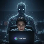 An anxious person chatting with ChatGPT while a digital figure looms behind, symbolizing lack of privacy