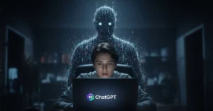 An anxious person chatting with ChatGPT while a digital figure looms behind, symbolizing lack of privacy