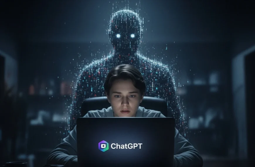 An anxious person chatting with ChatGPT while a digital figure looms behind, symbolizing lack of privacy
