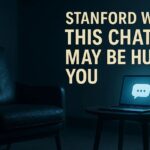 A dark therapy room with an empty chair facing a glowing laptop, symbolizing the risks of replacing therapists with chatbots.
