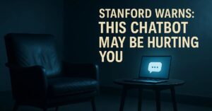 A dark therapy room with an empty chair facing a glowing laptop, symbolizing the risks of replacing therapists with chatbots.