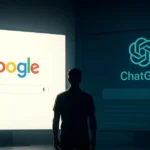 A person stands between two screens, one showing Google Search and the other showing ChatGPT's prompt interface