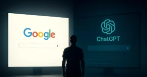 A person stands between two screens, one showing Google Search and the other showing ChatGPT's prompt interface