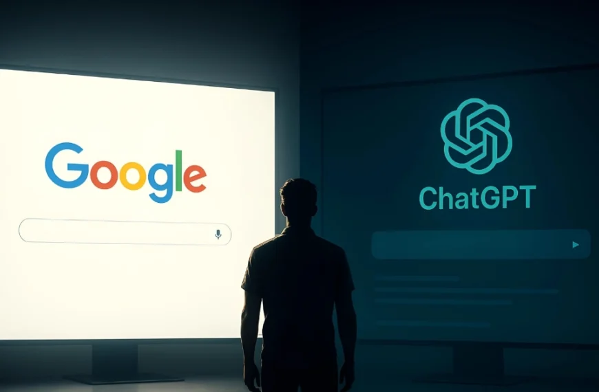 A person stands between two screens, one showing Google Search and the other showing ChatGPT's prompt interface