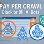 Illustration showing Cloudflare’s Pay Per Crawl tool blocking and billing AI bots like ChatGPT