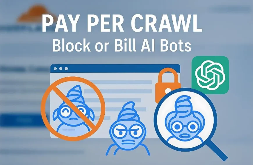 Illustration showing Cloudflare’s Pay Per Crawl tool blocking and billing AI bots like ChatGPT