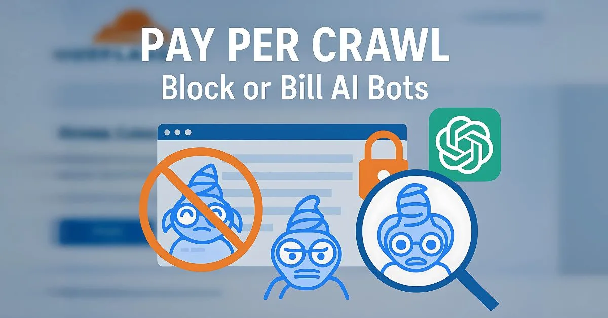 Illustration showing Cloudflare’s Pay Per Crawl tool blocking and billing AI bots like ChatGPT