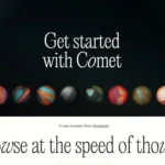 Official Comet browser homepage with the tagline "Browse at the speed of thought" and visual planets on a dark space background