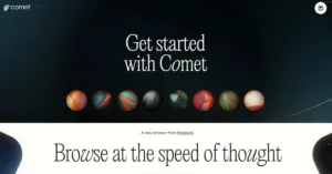 Official Comet browser homepage with the tagline "Browse at the speed of thought" and visual planets on a dark space background