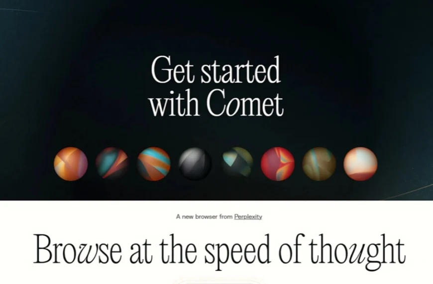 Official Comet browser homepage with the tagline "Browse at the speed of thought" and visual planets on a dark space background