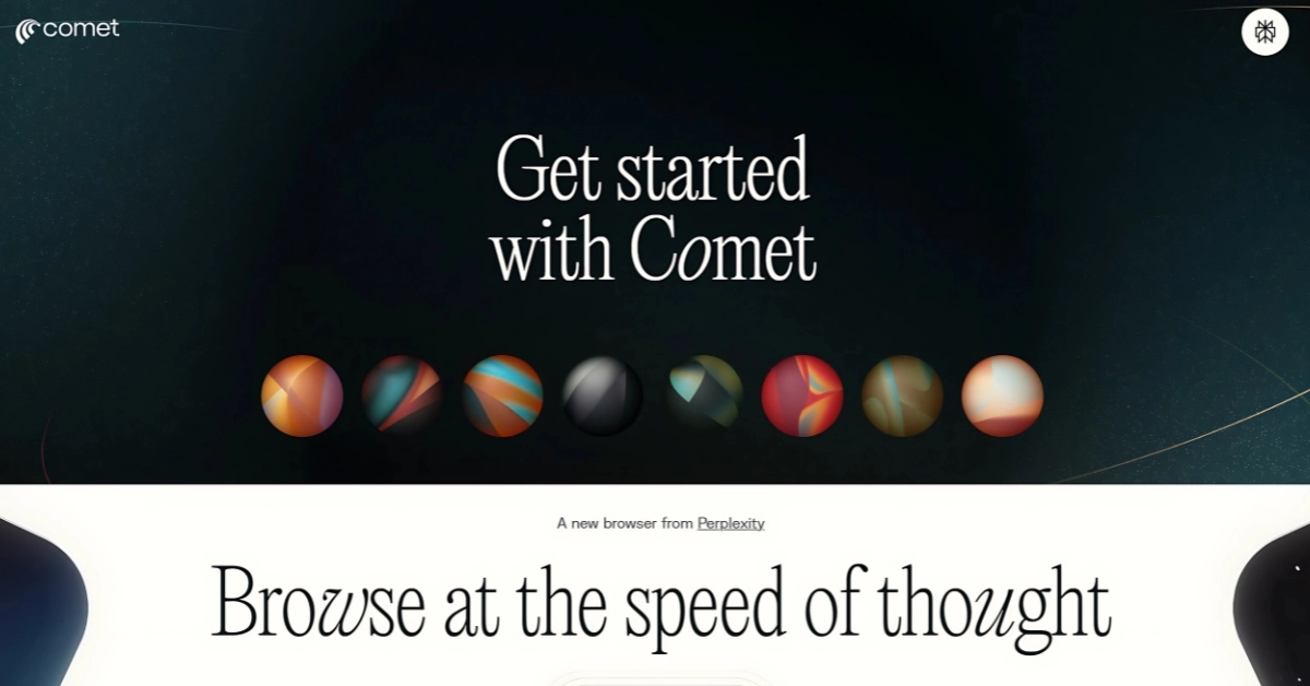 Official Comet browser homepage with the tagline "Browse at the speed of thought" and visual planets on a dark space background
