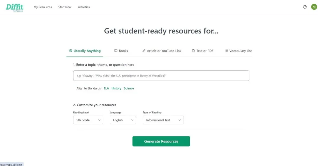 Screenshot of Diffit AI platform showing interface for generating student-ready learning resources based on custom topics and reading levels