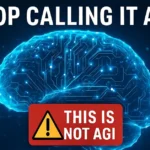 Glowing AI brain with a red warning label that reads ‘This is NOT AGI
