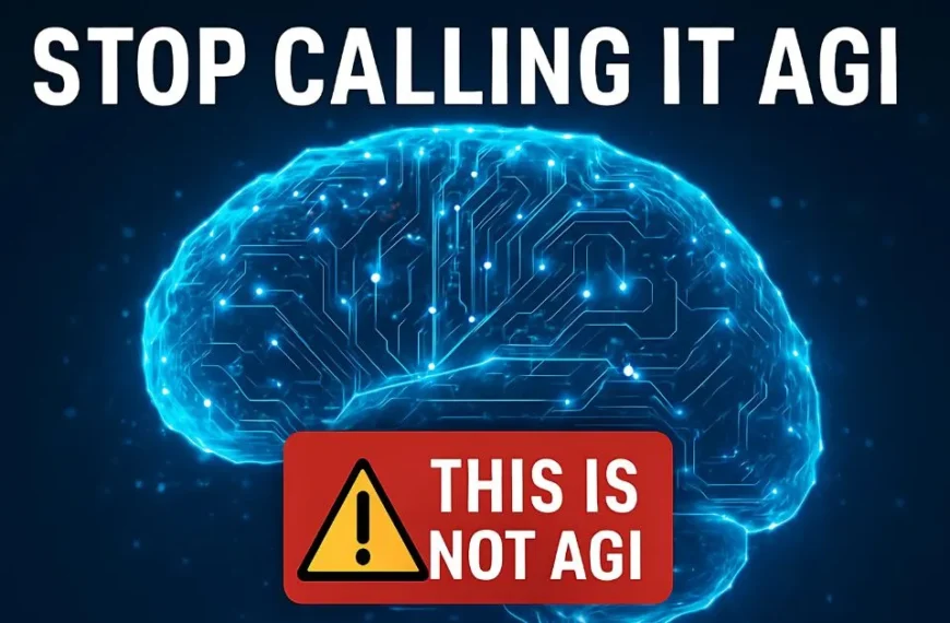Glowing AI brain with a red warning label that reads ‘This is NOT AGI