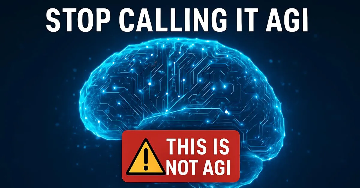 Glowing AI brain with a red warning label that reads ‘This is NOT AGI