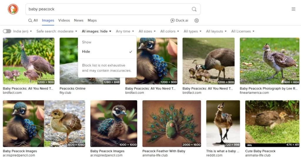 DuckDuckGo search showing AI image filter dropdown for baby peacock results