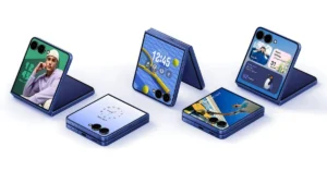 Samsung Galaxy Z Flip 7 showing vibrant cover screen widgets and folding design