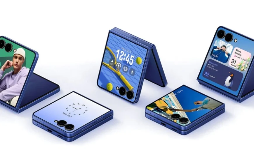 Samsung Galaxy Z Flip 7 showing vibrant cover screen widgets and folding design
