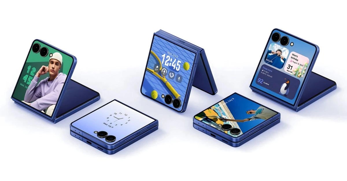 Samsung Galaxy Z Flip 7 showing vibrant cover screen widgets and folding design