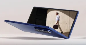 Samsung Galaxy Z Fold 7 in blue, half-open with screen showing a man walking, highlighting the foldable display and triple camera design