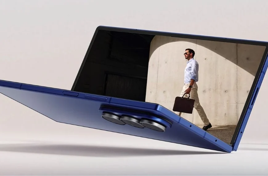 Samsung Galaxy Z Fold 7 in blue, half-open with screen showing a man walking, highlighting the foldable display and triple camera design