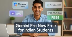Indian student using Google Gemini 2.5 Pro AI tools on laptop in college setting