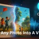 AI photo transforming into animated video with Gemini logo and sound waves