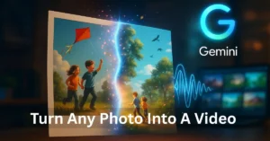 AI photo transforming into animated video with Gemini logo and sound waves