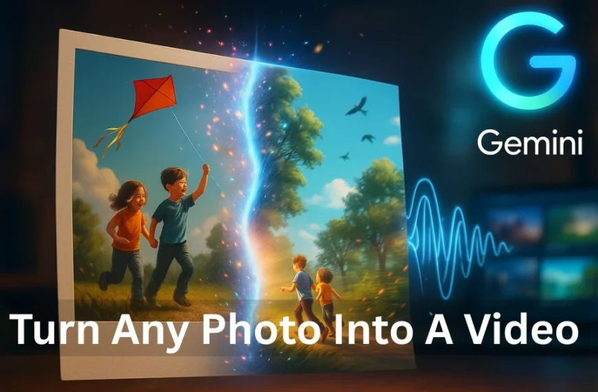 AI photo transforming into animated video with Gemini logo and sound waves