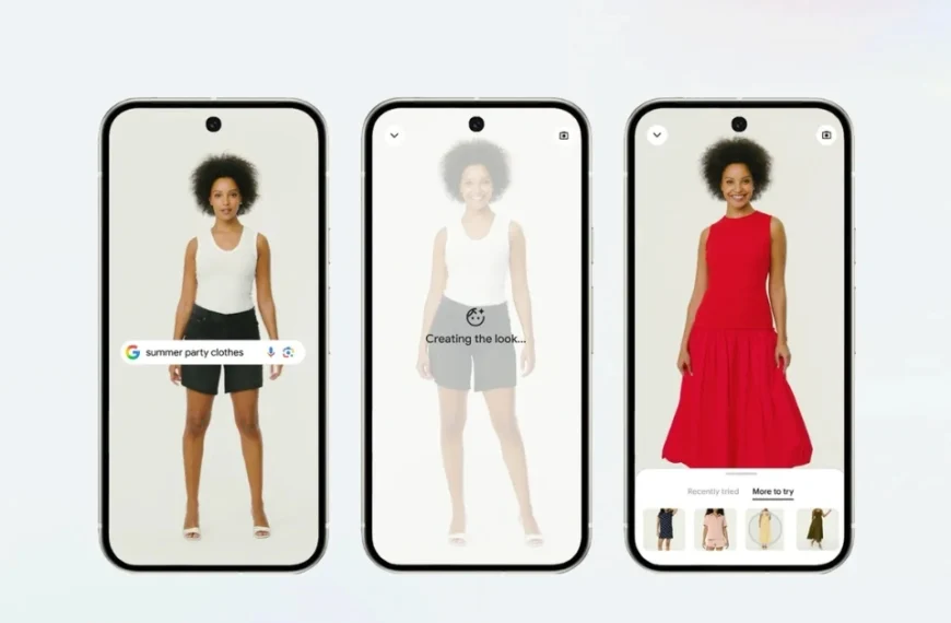 Google AI shopping tool virtual try-on demo showing a woman trying outfits in Google Search