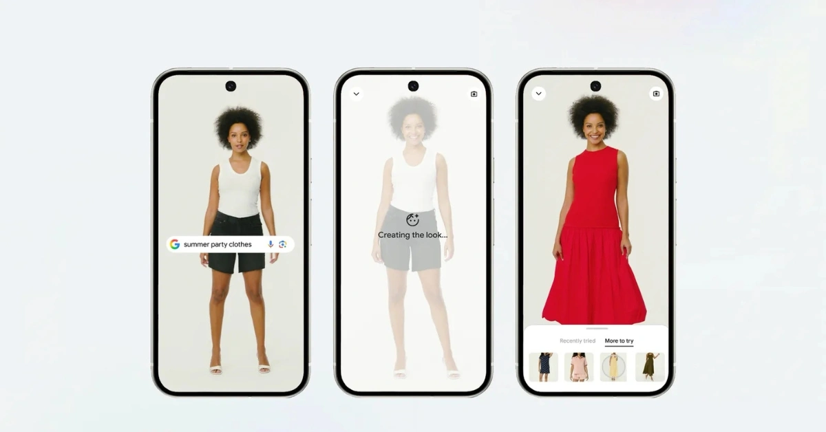 Google AI shopping tool virtual try-on demo showing a woman trying outfits in Google Search