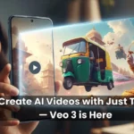 Indian woman generating AI video of Lord Vishnu and auto-rickshaw using Veo 3 on her smartphone