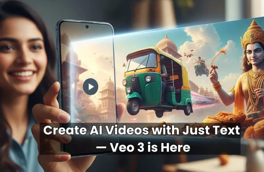Indian woman generating AI video of Lord Vishnu and auto-rickshaw using Veo 3 on her smartphone