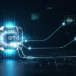 "Digital concept illustration of GPT-5 by OpenAI showing a glowing AI core connected to voice, image, and text features
