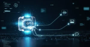 "Digital concept illustration of GPT-5 by OpenAI showing a glowing AI core connected to voice, image, and text features