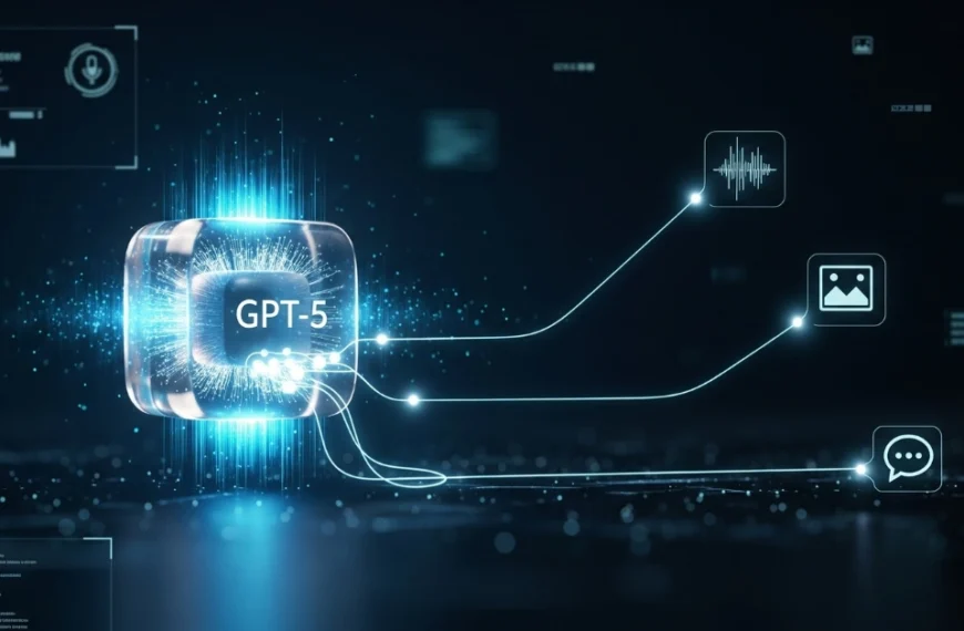 "Digital concept illustration of GPT-5 by OpenAI showing a glowing AI core connected to voice, image, and text features