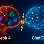 Futuristic glowing AI brains representing Grok 4 and ChatGPT-4 with meme icons and neural code