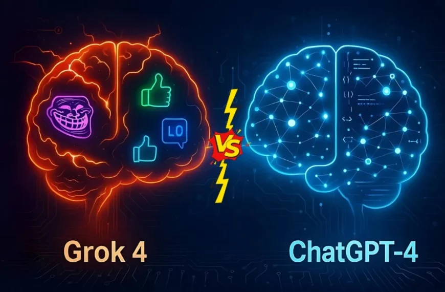 Futuristic glowing AI brains representing Grok 4 and ChatGPT-4 with meme icons and neural code