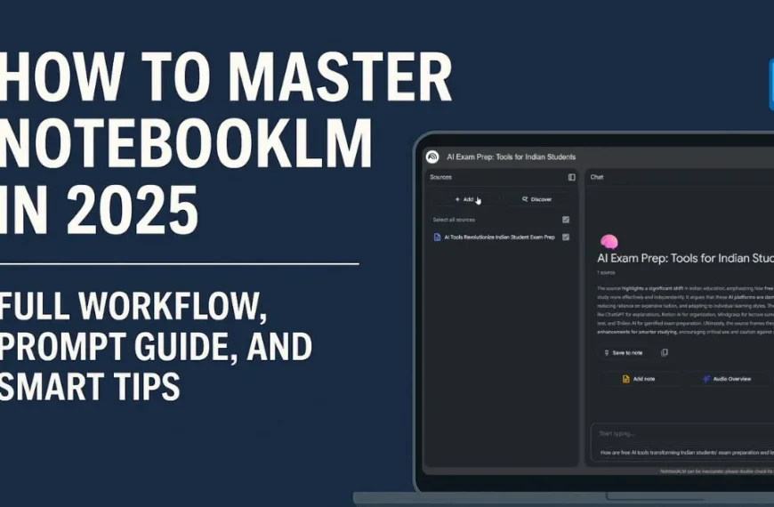 NotebookLM 2025 tutorial image showing AI prompts and workflow for Indian students.