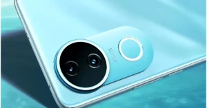Close-up of iQOO Z10R rear camera with Aura Light in blue color