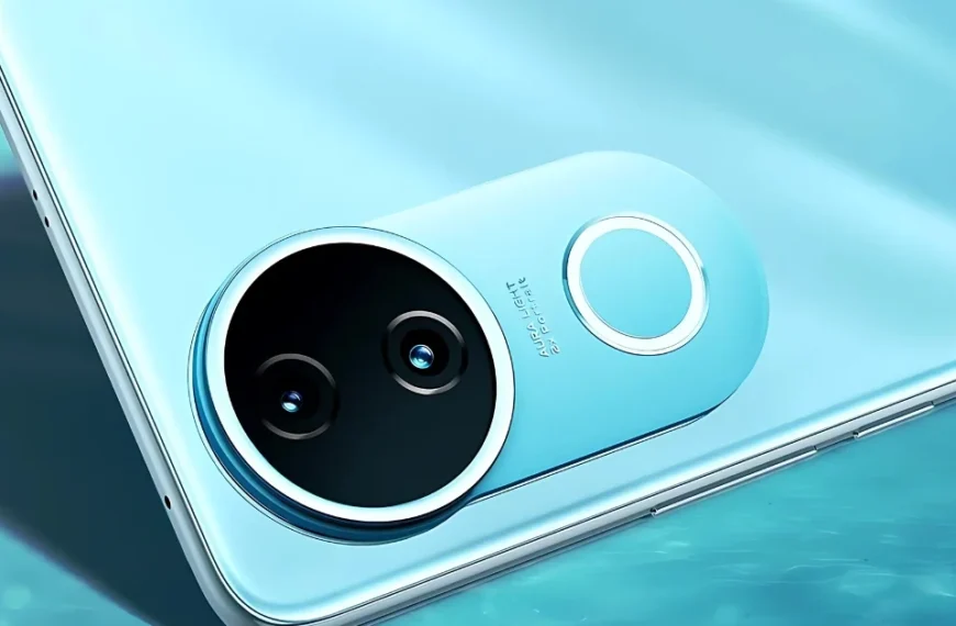 Close-up of iQOO Z10R rear camera with Aura Light in blue color