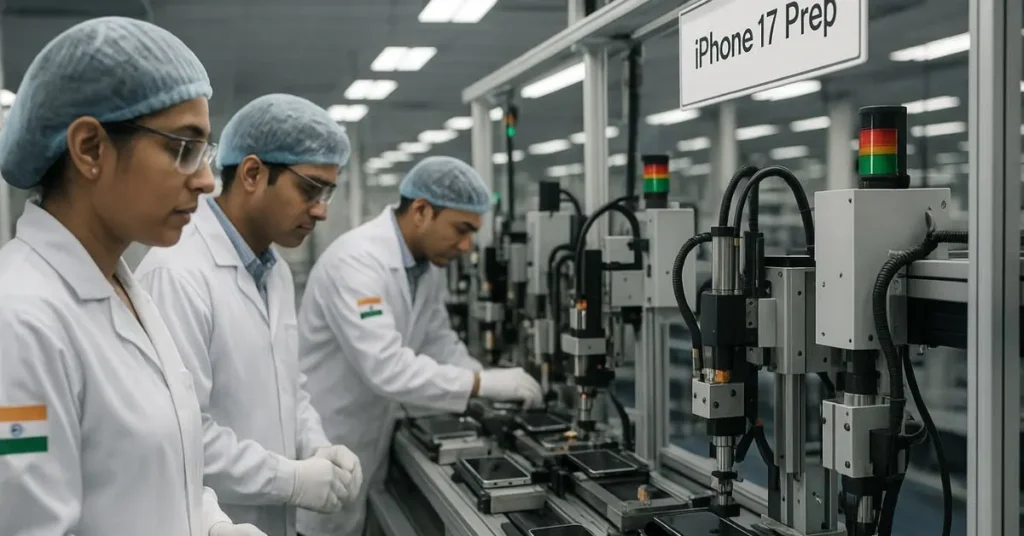 Indian engineers on an iPhone 17 assembly line monitoring precision tools in a modern factory.