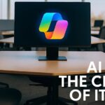 Bright modern office with empty chairs and a glowing Microsoft Copilot logo on screen, symbolizing AI replacing jobs