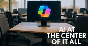 Bright modern office with empty chairs and a glowing Microsoft Copilot logo on screen, symbolizing AI replacing jobs