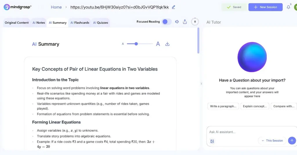 Screenshot of Mindgrasp AI summarizing a YouTube lecture on linear equations in two variables with sections for notes, flashcards, and quizzes