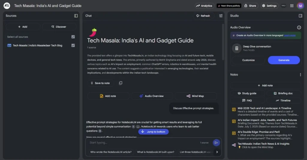 NotebookLM interface showing TechMasala source with AI summaries and prompt strategies