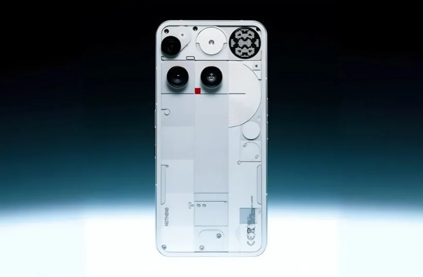 Close-up of Nothing Phone 3’s back showing triple cameras, red video indicator, and Glyph Matrix LED design