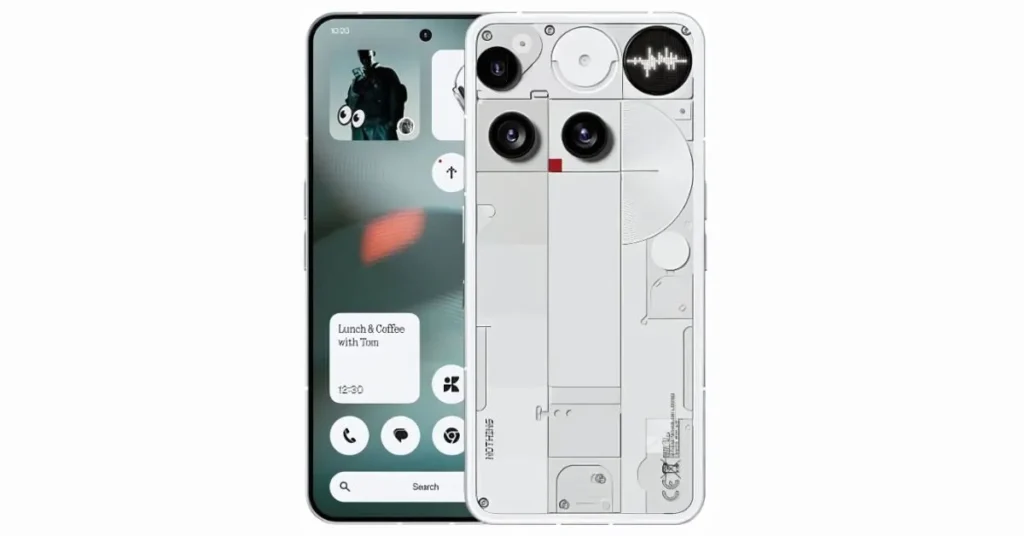 Nothing Phone 3 front and back showing Glyph Matrix lighting, triple camera, and minimalist Android homescreen