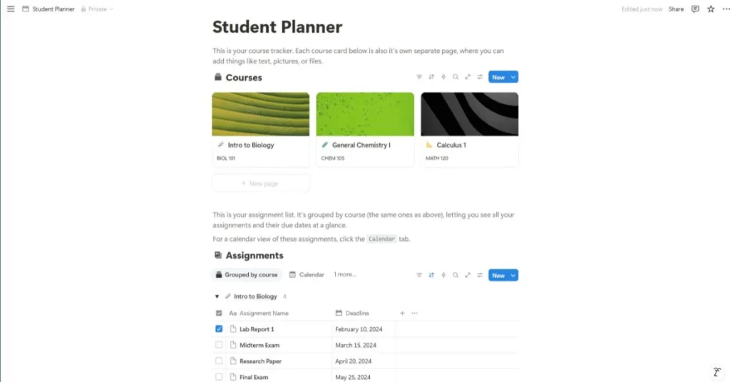 Screenshot of Notion AI’s Student Planner interface showing course cards, assignment tracking, and deadline management