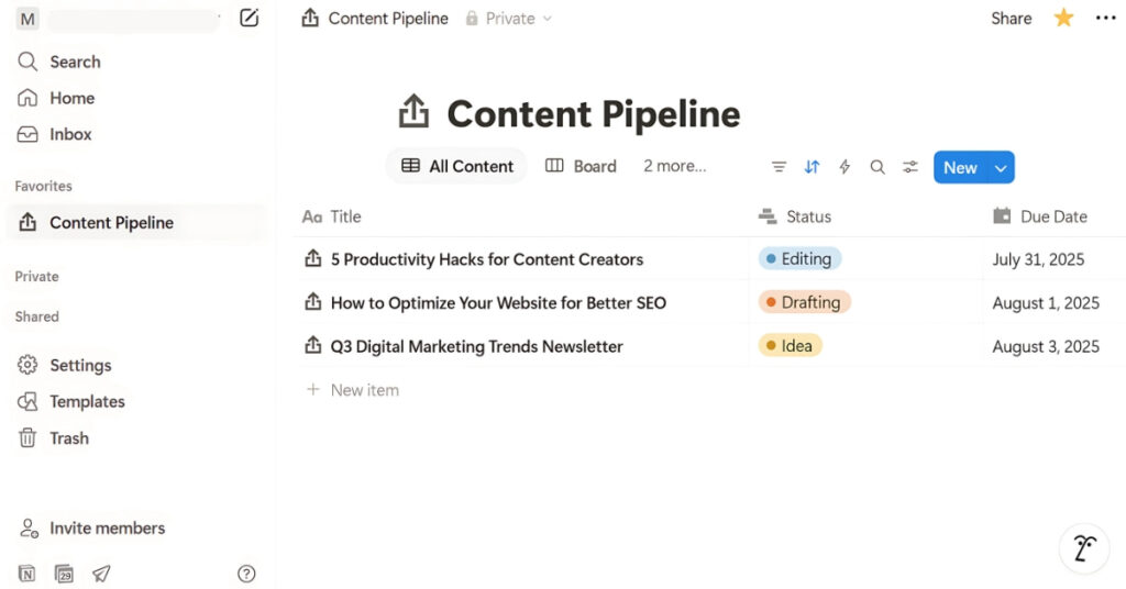 Screenshot of a Notion content pipeline workspace showing tasks, status tags, platforms, and notes